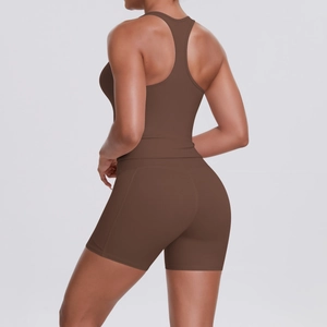 Deep brown racerback sports bra and high-waisted shorts yoga set back details