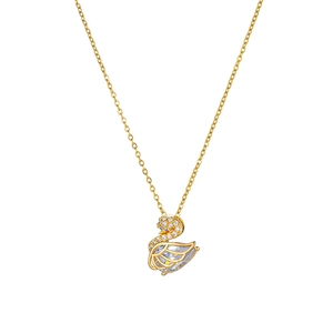 Elegant gold swan pendant necklace with white crystals and pear-cut stone on white background