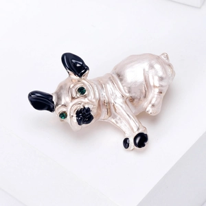 French Bulldog brooch with pearly white enamel and green rhinestone eyes for clothes