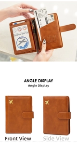 Detail view of brown RFID passport holder with SIM card slots and boarding pass pocket