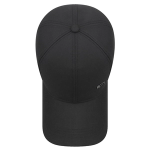 Men's black outdoor baseball cap with a subtle metal logo detail in a top-down view