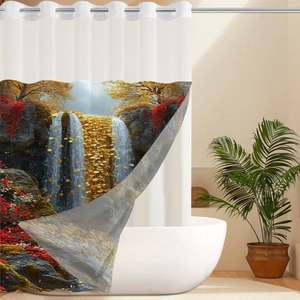 Détail du rideau de douche gaufré avec motif de feuilles d'érable dorées et cascade