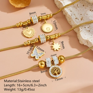 Bracelet à breloques en acier inoxydable doré avec pendentifs papillon, cœur et arbre de vie