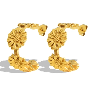 Minimalist 18k gold plated C-shaped daisy flower stud earrings on white background