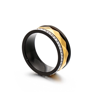Fashionable black and gold stainless steel ring with micro-pave crystals for men and women