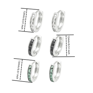 Detailed view of silver hoop earrings set with 13mm diameter and colored zircon stones