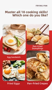 Detailed views of non-stick pan cooking fried eggs, dumplings, and pancakes for breakfast