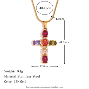 Bohemian 18K gold plated stainless steel cross necklace with colorful zircon stones