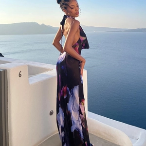 Sexy halter neck backless maxi dress with vibrant floral digital print in Santorini