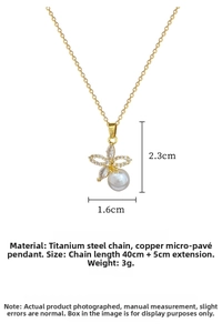 Macro shot of titanium steel flower pendant with micro-set zircon and pearl detail