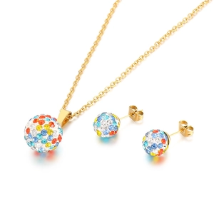 Elegant gold titanium steel jewelry set featuring colorful crystal pave ball pendant and studs