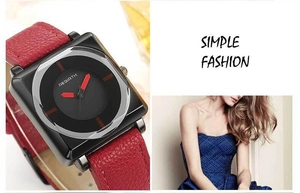 Close-up of REBIRTH square watch with red textured leather strap and minimalist black dial