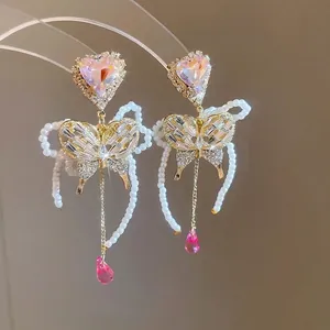 Pink Heart Crystal Butterfly Dangle Earrings With Faux Artificial Pearl Long Tassel And 925 Sterling Silver Earring Post For Women