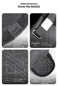 Detail of winter baseball cap showing quilted texture, ear flaps and adjustable buckle