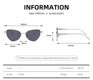 Detailed size chart showing frame width, lens dimensions, and metal bridge specifications