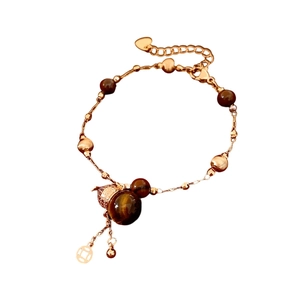 Tiger eye beaded bracelet with rose gold chain and elegant gourd charm for women