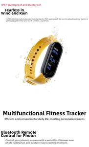 Detail of yellow M6 smart bracelet showing IP67 waterproof rating and fitness tracking data