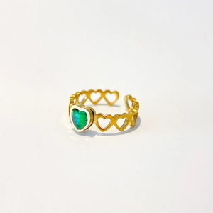 18k gold plated stainless steel open ring with heart patterns and green zircon stone