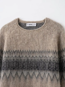 Close-up of Fair Isle geometric pattern and soft knit texture on beige crewneck sweater