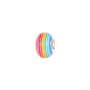Macro detail of rainbow striped resin charm beads with large silver metal inner hole
