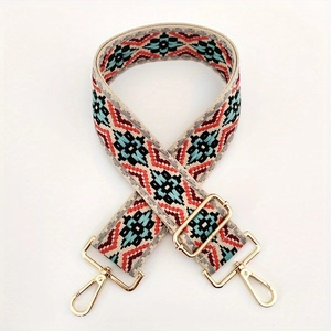 Detailed view of colorful jacquard ethnic pattern bag strap with gold metal hooks