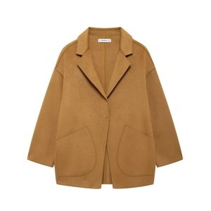 Women Woolen Coat Lapel Drop Shoulder Large Pockets Casual Solid Color Outerwear Jacket