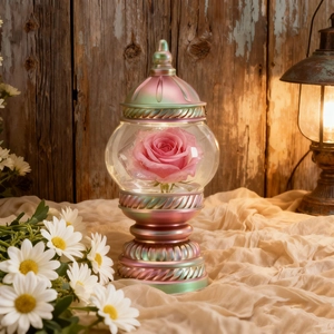 Vintage Turkish style table lamp mold with preserved pink rose in a glass dome globe