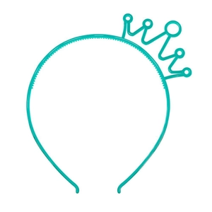 Detail of a turquoise plastic headband featuring a decorative crown shape for children