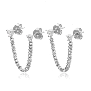 Detail of S925 sterling silver chain earrings with brilliant round cubic zirconia stones