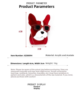 Detailed view of cute acrylic puppy brooch with 6cm x 3cm size dimensions and 16g weight