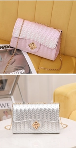 Detail showing the woven texture and golden chain on pink and silver mini bags