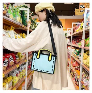 Close-up of sky blue 2D cartoon style tote bag with contrast yellow handles and black outlines