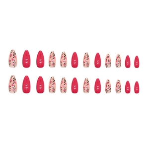 Almond shaped press-on nails set with floral patterns and glossy rose red finish