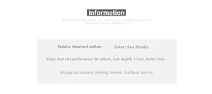 Detailed size specifications for washed cotton baseball cap with 56-60cm circumference