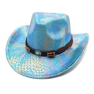 Detail of metallic blue snake pattern cowboy hat with turquoise and wood bead accents