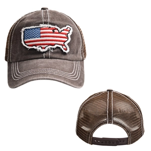 Detailed views of vintage trucker hat with American flag map patch and mesh back