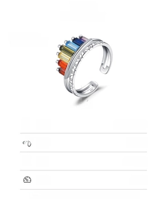 Macro shot of S925 sterling silver rainbow crown ring with colorful rectangular zircons