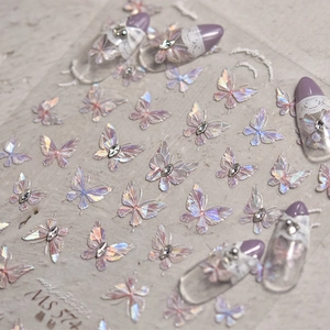 3D Butterfly Nail Art Stickers Laser Holographic Purple With Rhinestones Self Adhesive Manicure Decals DIY Decoration