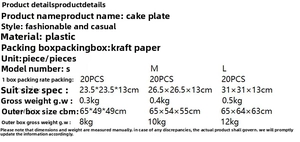 Size chart showing dimensions for S, M, and L plastic fruit plates with lids and weights