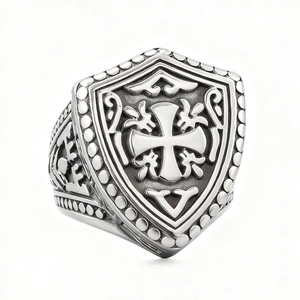 Vintage silver stainless steel ring with shield cross and engraved totem patterns