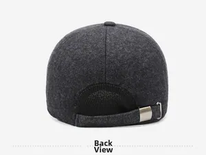 Detail of winter baseball cap back with dark grey wool fabric and adjustable metal buckle