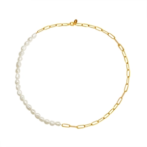 French style gold chain necklace with white freshwater pearls and S925 sterling silver tag