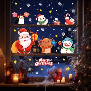Cozy window display with Santa, reindeer, and snowman Christmas static stickers for winter decor