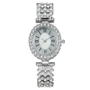 Fashionable silver ladies watch with sparkling rhinestone bezel and oval roman dial design