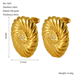 Detail view of 18K gold plated oval earrings with radiant texture and dimensions