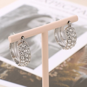 Minimalist silver titanium steel hoop earrings with sparkling rhinestones on jewelry stand