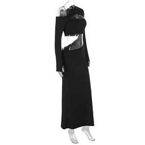 Detailed view of the asymmetric cutouts and one-shoulder design on a black bodycon dress