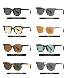 Detail view of eight vintage square sunglasses in various colors like tortoiseshell and green
