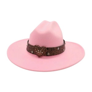 Pink felt wool fedora hat detail featuring a vintage heart buckle and patterned band