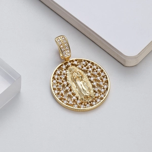 14K gold plated Virgin Mary pendant necklace with zircon inlay on a white background